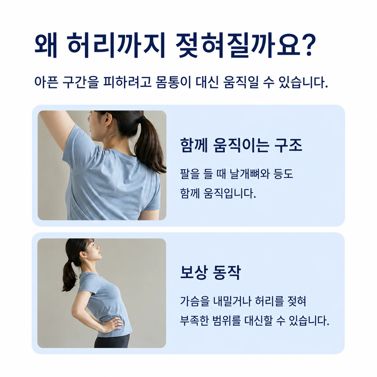 팔을 들 때 날개뼈와 등이 함께 움직이고 몸통이 부족한 범위를 보상할 수 있다는 안내