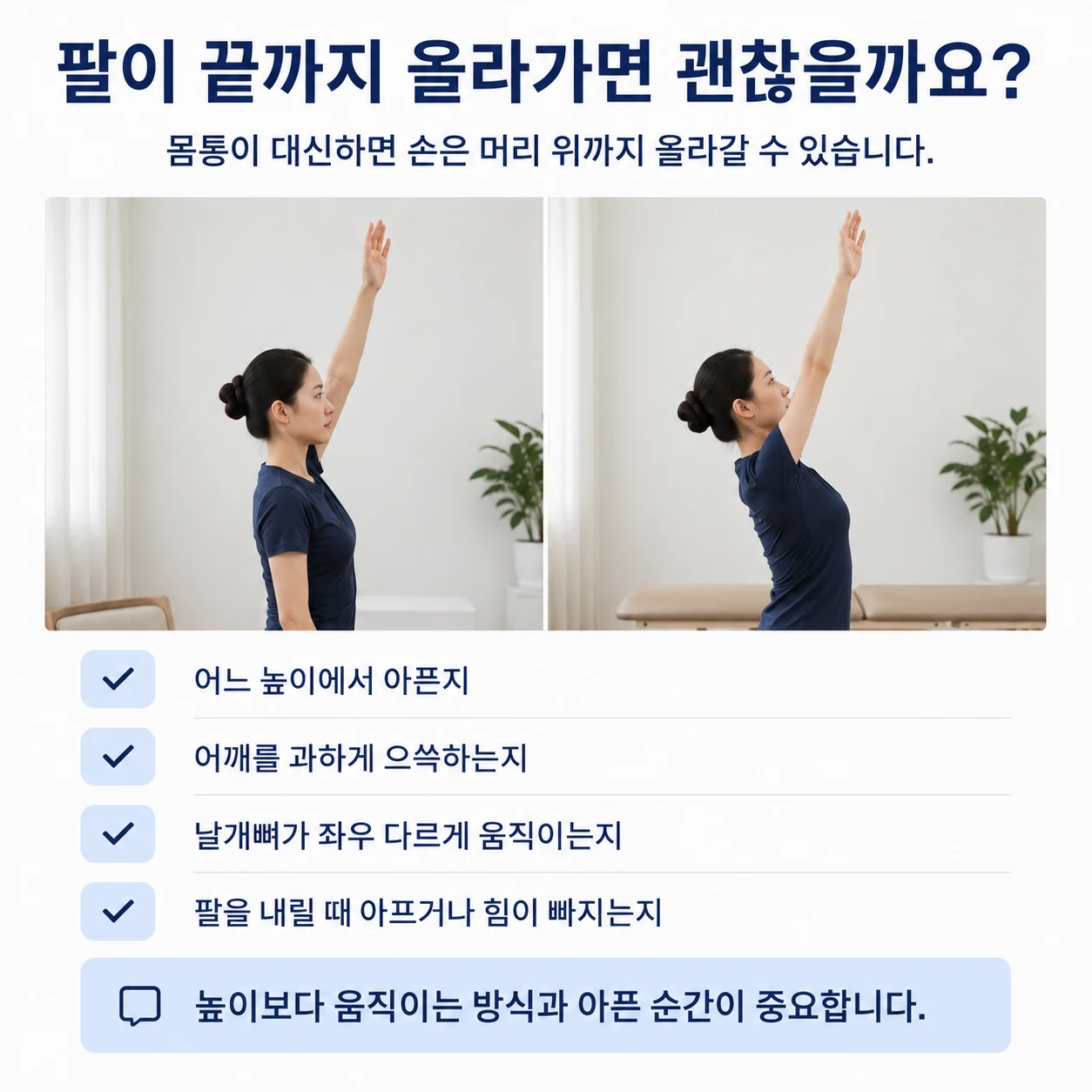 팔을 올릴 때 아픈 높이와 어깨 으쓱, 날개뼈 좌우 차이 및 힘 빠짐을 확인하는 항목