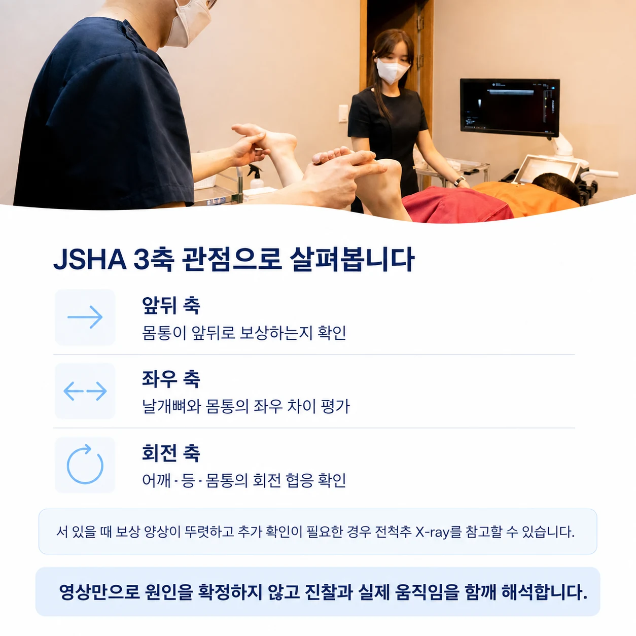 앞뒤·좌우·회전 방향에서 몸통과 어깨 움직임을 살피는 JSHA 3축 평가